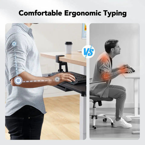 Side-by-side of ergonomic use of Space-Saving Large Under Desk Keyboard Tray With Sturdy C Clamp Mount vs improper posture for easy typing