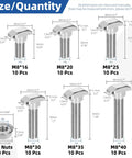120 Pcs M8 T Slot Drop In Bolts With Hex Flange Nuts Hammer Head T Bolts In 16 20 25 30 35 40 Millimeter T Shape Stud Sliding Screws All In One Kit chart with sizes and quantities.