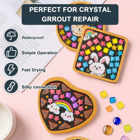 Black Quick Dry Crystal Tile Grout For Crafts Ready To Use Caulking Agent For Diy Glass Art And Mosaic Kit Supplies Handmade Gifts 1000g No Water Mixing Easy Set And Quick Apply used on colorful mosaic art pieces
