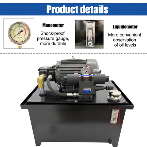 Dinenovote 3750w Hydraulic Power Unit With 80L Tank, pressure gauge and liquidometer for monitoring oil levels.