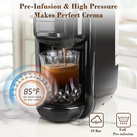 3 in 1 Espresso Maker For Nespresso Pods Lavazza Blue And Expert Capsules Plus Ground Coffee 19 Bar Pressure Delivers Boss Level Espresso At Home Compact Mini Coffee Maker With Removable Water Tank brews espresso with crema