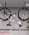 Four Pack Upgraded Overhead Garage Storage Racks Ceiling Mount System Durable Rust Resistant Shelves For Ladders, Bikes, Tires, Tools, Ski Gear And Lumber With High Weight Capacity And Anti Slip EVA Pads showing ceiling-mounted bike storage.