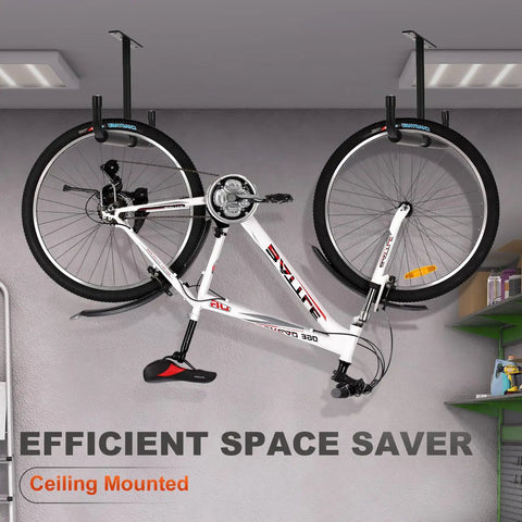 Four Pack Upgraded Overhead Garage Storage Racks Ceiling Mount System Durable Rust Resistant Shelves For Ladders, Bikes, Tires, Tools, Ski Gear And Lumber With High Weight Capacity And Anti Slip EVA Pads showing ceiling-mounted bike storage.
