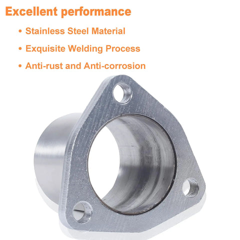 Heavy Duty Plugs Right In 3 Bolt Exhaust Flange Repair Kit With Gaskets Bolts And Mounting Hardware Universal 1.75 Inch stainless steel flange close-up.