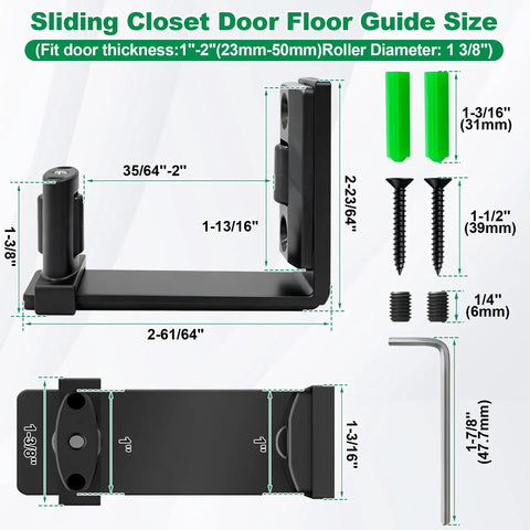 Bottom Floor Guide For Sliding Barn Doors, Wall Mount Floor Guide With Adjustable U Shape Flush Design, dimensions shown with screws and hex key