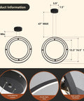 Diagram and close-ups of Modern LED Chandelier With 3 Rings Black Circle Pendant Lighting Dimmable Round Ring Ceiling Fixture For Kitchen Island Dining Living Room Bedroom Height Adjustable Built For A Dope Vibe