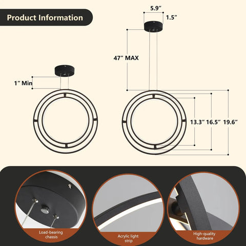 Diagram and close-ups of Modern LED Chandelier With 3 Rings Black Circle Pendant Lighting Dimmable Round Ring Ceiling Fixture For Kitchen Island Dining Living Room Bedroom Height Adjustable Built For A Dope Vibe