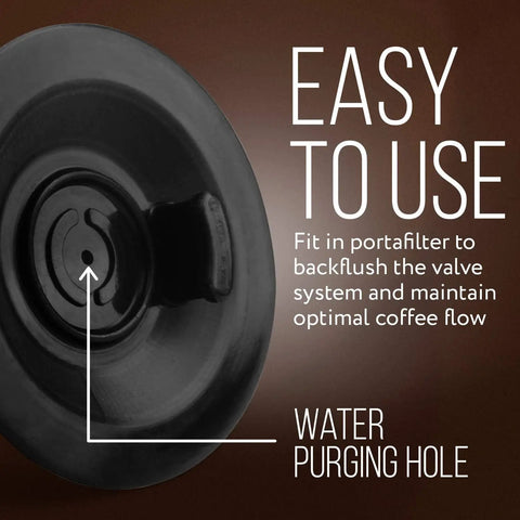 Backflush Cleaning Disc 54mm Pack Of 2 For Espresso Rigs with diagram highlighting water purging hole and easy use