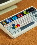 Slick 65 Percent Wireless Mechanical Keyboard With Buttery Smooth Keys And Dope Hot Swap Support Featuring Tri Mode Connectivity Custom Led Display Super Chill Typing Vibes For PC And Mac Gaming Rig In Cloud White Color on cork surface