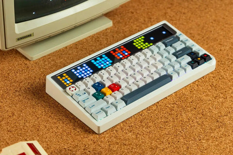 Slick 65 Percent Wireless Mechanical Keyboard With Buttery Smooth Keys And Dope Hot Swap Support Featuring Tri Mode Connectivity Custom Led Display Super Chill Typing Vibes For PC And Mac Gaming Rig In Cloud White Color on cork surface