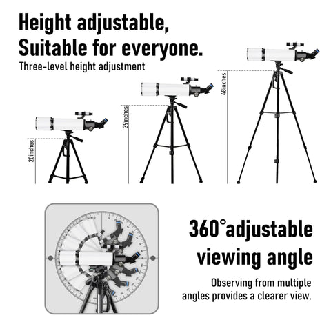 Backyard Ready 80mm Aperture 600mm Focal Length Telescope with adjustable height and 360-degree AZ mount for stargazing.
