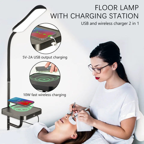 Smart LED Floor Lamp With Wireless Charger, 12W Dimmable Standing Lamp next to a woman using wireless charging feature