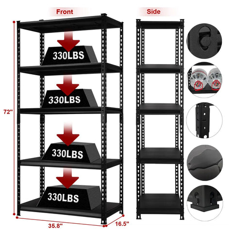 Super Heavy Duty Five Tier Adjustable Storage Shelves Built Like A Tank For Garage And Warehouse Organization, No Sweat Tool Free Assembly, Real Deal Powder Coated Steel Shelving Unit For Effortless Home Organization Setup