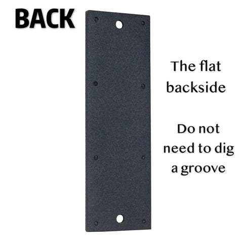 Back view of 7 Inch Barn Door Finger Pull Set Black Beefy Heavy Duty Invisible Door Handle showing flat bottom surface with holes.