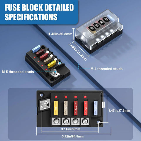 Waterproof 12V Four Circuit Fuse Block Marine Fuse Panel With LED Indicator Relay Box Kit Damp Proof Cover Built Built-in 4 fuses, 94.5mm x 37.3mm