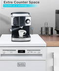Slick 18 Inch Portable Dishwasher With Stainless Steel Tub Cleans Eight Place Settings Fast Energy Star Certified Countertop Appliance For Apartment Living, shown as a workspace with coffee maker.