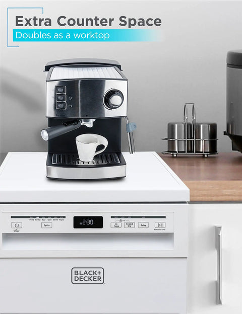 Slick 18 Inch Portable Dishwasher With Stainless Steel Tub Cleans Eight Place Settings Fast Energy Star Certified Countertop Appliance For Apartment Living, shown as a workspace with coffee maker.