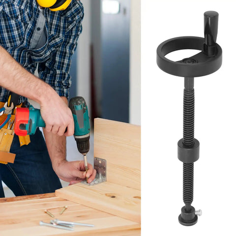 Worker assembling wood with drill next to T18 Workbench Screw Vise for Woodworking Heavy Duty Clamp with 100mm Jaw and 350mm Reach