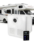 Road Ready Propane Tankless Water Heater With Smart Lcd Controls And 55000 Btu for RV camper outside a trailer.