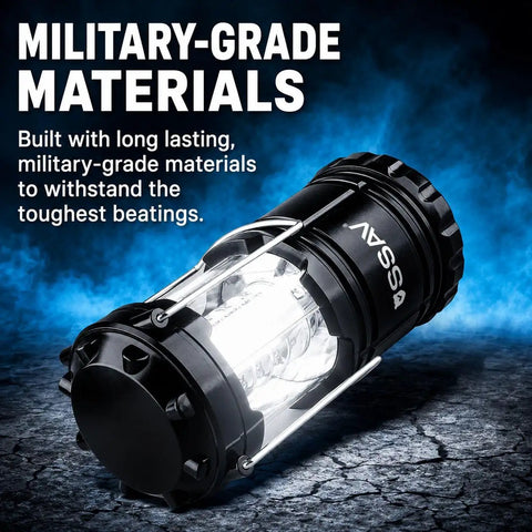 Bright LED Camping Lantern For Power Outages And Hurricane Prep, showing durable black collapsible design, on rugged surface.