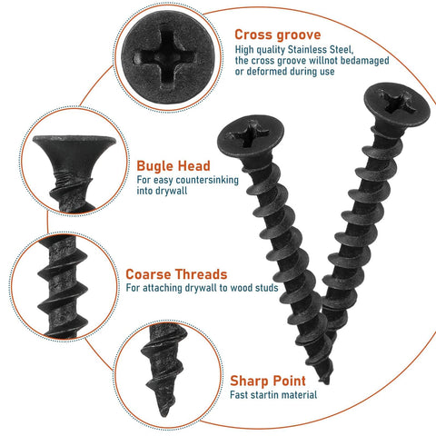 No 10 1-1/2 Inch Collated Drywall Tapping Screws, 335-Piece, shows bugle head, coarse thread, black finish, cross groove, sharp point