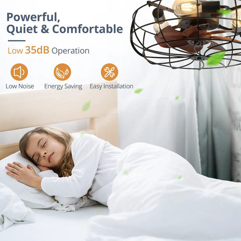 Enclosed 20 Inch Bladeless Ceiling Fan With Light And Remote, quiet operation, low profile design, ideal for bedroom use.