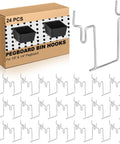 24 Pcs Heavy Duty Pegboard Bin Hooks, Metal U Hooks For One Eighth Inch And One Quarter Inch Pegboard Or Slatwall, Rust Resistant, Supports Up To 44 Lbs, Ideal Tool Display Organizer For Garage, Workshop, Office And Kitchen displayed with packaging.