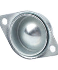 Heavy Duty Galvanized Steel Ball Wheel Casters Delivering Rock Solid Sixty Six Pound Capacity With Smooth 360 Degree Flex Swivel Action showing a close-up of the caster wheel's metal housing.