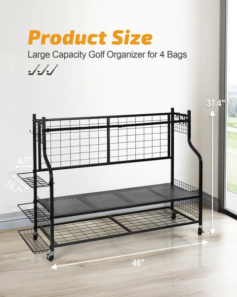 Four Bag Golf Organizer Rack For Garage Storage, Extra Large Golf Bag Holder dimensions shown with built tough floor stand.