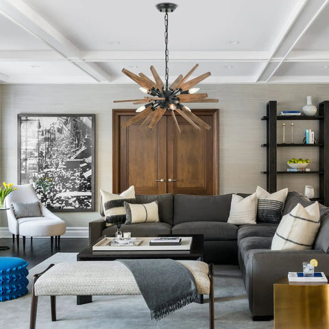 Living room with Wood Sputnik Chandelier With 6 Lights Dope Rustic Farmhouse Pendant For Kitchen Island Dining Room Living Room Bedroom Foyer Modern Industrial Black Ball Base With Natural Wood Panels.