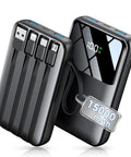 No Fuss Ultra Compact 15000 Mah Portable Charger With Built In Cables showing multiple connectors and digital display.