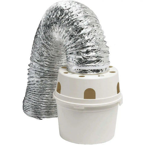 Indoor Clothes Dryer Vent Kit With 4 Inch By 5 Foot ProFlex Duct For No Fuss Indoor Venting In Apartments Condos And RVs Includes Plastic Lint Reservoir And Two Adjustable Clamps UL Approved, shown with flexible duct attached to white lint reservoir.