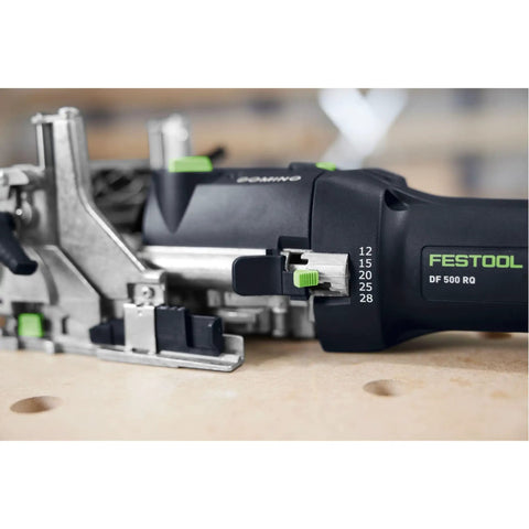 Close-up of Domino Joiner DF 500 Q Mortising Tool With 5mm Cutter Dial Width Adjust And Oscillating Cutting Action New Model.