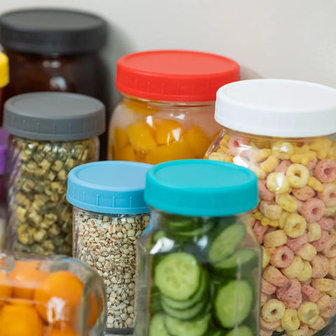 9 Gray Wide Mouth Mason Jar Lids With Silicone Ring 86mm Thickened Leakproof Plastic Covers Fits Ball Kerr And More For Preserving Food Sauces And Bulk Batch Storage Keepin It Fresh on jars of cereal, pickles, and snacks