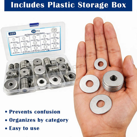 290 Piece Flat Washer Set For Screws Stainless Steel Fender Washers Assortment In M3 To M10 Sizes Must Have Heavy Duty Gear For Auto DIY Projects And Everyday Hardware Fixes, washers in case on hand