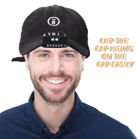 Two Pack USB Rechargeable LED Clip On Cap Lights With Power Level Display Waterproof Hat Clip Flashlights shown on a cap