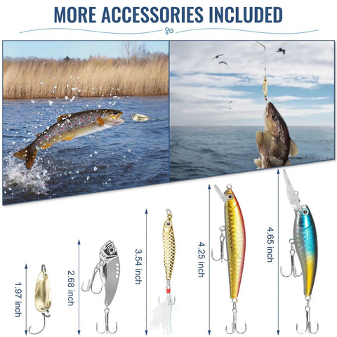 All In One Fishing Lures Kit With 92 Pcs Tackle Box Includes Crankbaits Spoons Hooks Weights And Other Accessories For Bass Freshwater Angling Gift For Men, featuring selection of lures and a fish on a hook