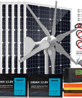 Off Grid Solar Wind Power Kit For Home Use 1120W System With 2x100Ah Lithium Batteries 400W Wind Turbine 6x120W Solar Panels