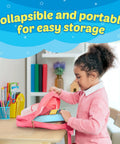 Child placing Fraction Circles and Decimal Flip Chart Kit for Kids into backpack, showcasing easy storage.