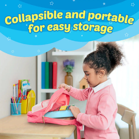 Child placing Fraction Circles and Decimal Flip Chart Kit for Kids into backpack, showcasing easy storage.