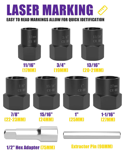 Nine Piece Pro Grade Heavy Duty Bolt Extractor Kit With Half Inch Drive Impact Lug Nut Remover Tools 17 To 27mm set with sizes shown