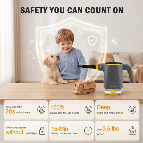 Entalva Handheld Steam Cleaner Gray With Smart Led Display And 15 Pieces Cleaning Kit, child and puppy interaction.