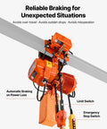 Velvet-Vision VEVOR 4400 Pound Electric Chain Hoist With Power Trolley showing reliable braking system and emergency stop switch.