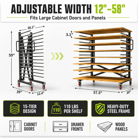 Built Tough 15 Tier Paint Drying Rack For Cabinet Doors And Wood Panels Heavy Duty Steel Rack with adjustable width 12-58 inches.