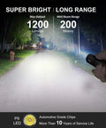 L50 Rechargeable Tactical Flashlight Beast Beam 1200 Lumens, IP68 Waterproof illuminating a road in the dark