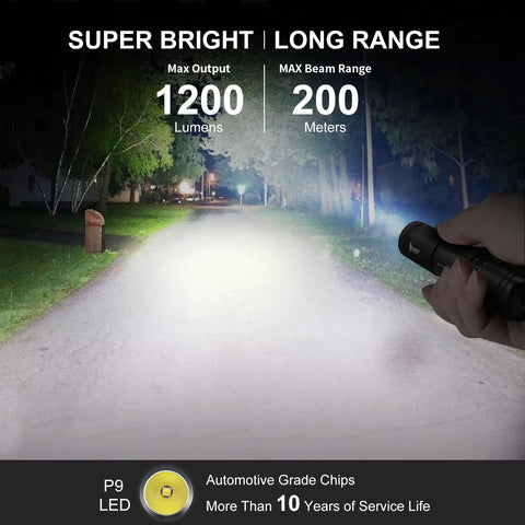 L50 Rechargeable Tactical Flashlight Beast Beam 1200 Lumens, IP68 Waterproof illuminating a road in the dark