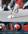 Heavy Hitter Brushless Cordless Metal Shear Fits Milwaukee 18V Battery cutting sheet metal with non-slip grip and LED light.