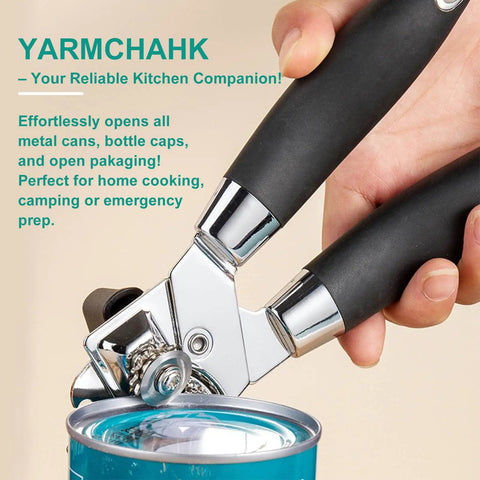 Multifunctional Stainless Steel Can Opener And Bottle Opener With Easy Turn Knob Heavy Duty Handheld Kitchen Tool For Seniors By Yarmchahk Smooth Edge And Sharp Blade Non Slip Grips Black, shown opening a can.