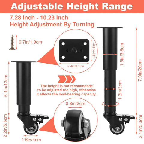 Adjustable Metal Furniture Legs With Swivel Casters, 4 Pack, Heavy Duty Replacement Table Legs With Adjustable Height 5.1-7.9 Inches