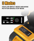 1/2 Inch Cordless Brushless Impact Wrench Kit 300 Ft-Lbs Max Torque 3000 RPM 20V Power display showing 3 modes
